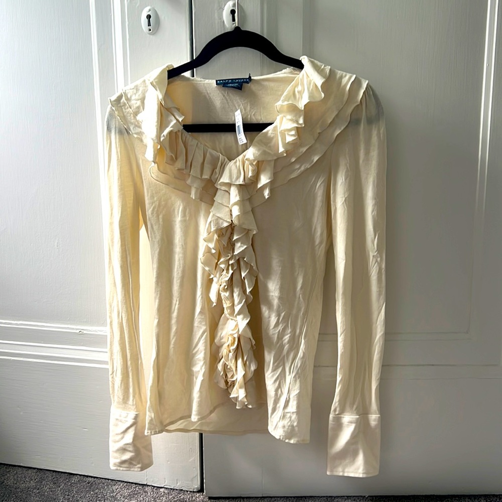 Ralph Lauren, Cream colored, Prima cotton ruffled top, never worn tags on.
